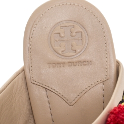 Pre Owned Tory Burch Beige Embroidered Leather Pom Pom Open Toe Mules Size 41
