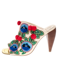 Pre Owned Tory Burch Beige Embroidered Leather Pom Pom Open Toe Mules Size 41