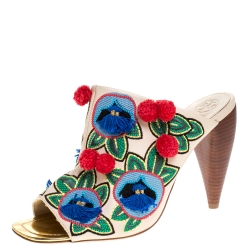 Pre Owned Tory Burch Beige Embroidered Leather Pom Pom Open Toe Mules Size 41