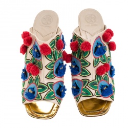 Pre Owned Tory Burch Beige Embroidered Leather Pom Pom Open Toe Mules Size 41