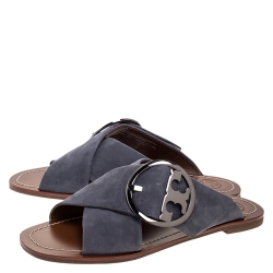 مملوكة مسبقًا Tory Burch Grey Suede Leather Thames Cross Strap Flats Size Size 38