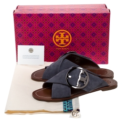 مملوكة مسبقًا Tory Burch Grey Suede Leather Thames Cross Strap Flats Size Size 38