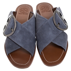 مملوكة مسبقًا Tory Burch Grey Suede Leather Thames Cross Strap Flats Size Size 38
