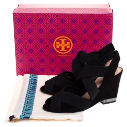 Pre Owned صندل توري برش ديبي سويدي أسود كعب روكي مقاس 38.5