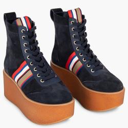 Pre Owned Tory Burch Blue Leather Striped High-Top Platform Sneakers Size EU 39.5