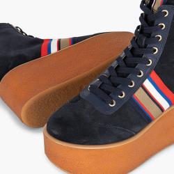 Pre Owned Tory Burch Blue Leather Striped High-Top Platform Sneakers Size EU 39.5