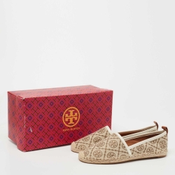 Pre Owned Tory Burch Beige/White Monogram Jacquard Espadrilles Size 37