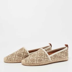 Pre Owned Tory Burch Beige/White Monogram Jacquard Espadrilles Size 37