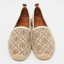 Pre Owned Tory Burch Beige/White Monogram Jacquard Espadrilles Size 37