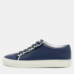 مملوكة مسبقًا Tory Burch Navy Blue Leather Ruffle Embellishment Sneakers Size 39.5