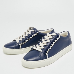 مملوكة مسبقًا Tory Burch Navy Blue Leather Ruffle Embellishment Sneakers Size 39.5