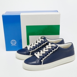 مملوكة مسبقًا Tory Burch Navy Blue Leather Ruffle Embellishment Sneakers Size 39.5