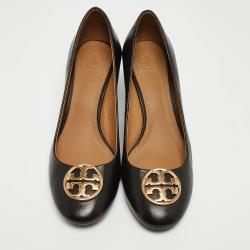Pre Owned Tory Burch Black Leather Wedge Pumps Size 39