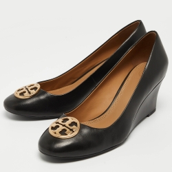 Pre Owned Tory Burch Black Leather Wedge Pumps Size 39