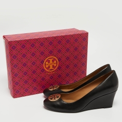 Pre Owned Tory Burch Black Leather Wedge Pumps Size 39