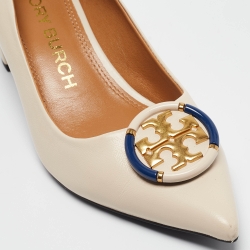 Pre Owned Tory Burch Cream Leather Logo Block Heel Pumps Size 40.5