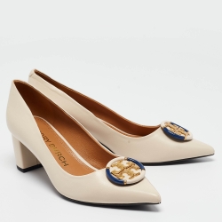 Pre Owned Tory Burch Cream Leather Logo Block Heel Pumps Size 40.5