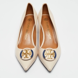 Pre Owned Tory Burch Cream Leather Logo Block Heel Pumps Size 40.5