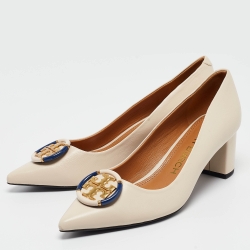 Pre Owned Tory Burch Cream Leather Logo Block Heel Pumps Size 40.5