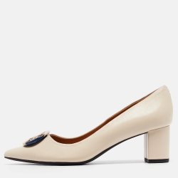 Pre Owned Tory Burch Cream Leather Logo Block Heel Pumps Size 40.5