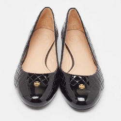 Pre Owned Tory Burch Black Quilted Patent Leather Kent Ballet Flats Size 39