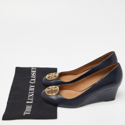 Pre Owned Tory Burch Navy Blue Leather Chelsea Wedge Pumps Size 38