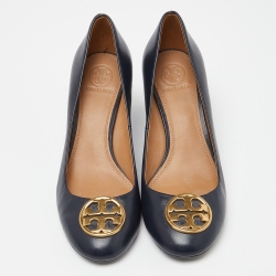 Pre Owned Tory Burch Navy Blue Leather Chelsea Wedge Pumps Size 38