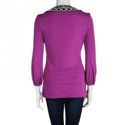 Pre Owned توب توري برش بأكمام طويلة وياقة مرصعة بنفسجي S 