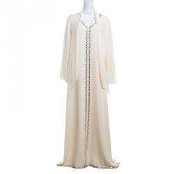Tory Burch Cream Mirror Embellished Silk Abaya and Scarf Set L