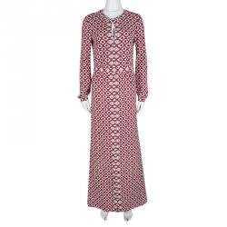 Tory Burch Red Textured Printed Long Sleeve Crystal Embellished Maxi Dress S
