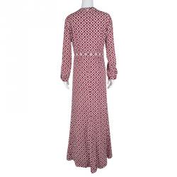 Tory Burch Red Textured Printed Long Sleeve Crystal Embellished Maxi Dress S