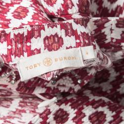 Tory Burch Red Textured Printed Long Sleeve Crystal Embellished Maxi Dress S