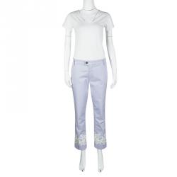 Pre Owned Tory Burch Purple Cotton Embroidered Hem Detail Straight Fit Pants M