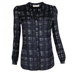 Pre Owned Tory Burch Navy Blue and White Checked Silk Long Sleeve Blouse XS