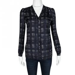Pre Owned Tory Burch Navy Blue and White Checked Silk Long Sleeve Blouse XS