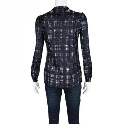 Pre Owned Tory Burch Navy Blue and White Checked Silk Long Sleeve Blouse XS