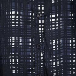Pre Owned Tory Burch Navy Blue and White Checked Silk Long Sleeve Blouse XS