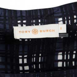 Pre Owned Tory Burch Navy Blue and White Checked Silk Long Sleeve Blouse XS