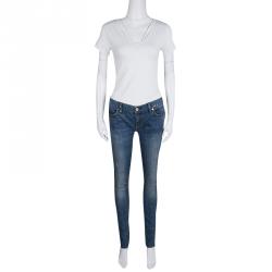 Tory Burch Indigo Faded Effect Foil Print Detail Distressed Jeans M