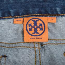Tory Burch Indigo Faded Effect Foil Print Detail Distressed Jeans M