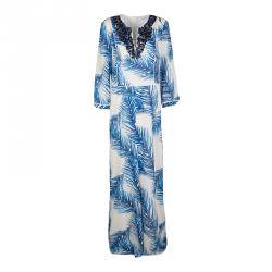Pre Owned Tory Burch White and Blue Feather Print Sequin Embellished Silk Maxi Dress L