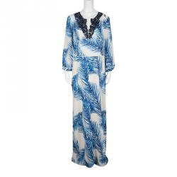 Pre Owned Tory Burch White and Blue Feather Print Sequin Embellished Silk Maxi Dress L
