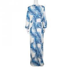 Pre Owned Tory Burch White and Blue Feather Print Sequin Embellished Silk Maxi Dress L