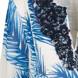 Pre Owned Tory Burch White and Blue Feather Print Sequin Embellished Silk Maxi Dress L