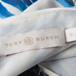 Pre Owned Tory Burch White and Blue Feather Print Sequin Embellished Silk Maxi Dress L