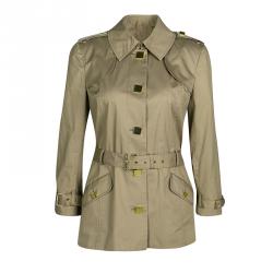 Pre Owned Tory Burch Khaki Cotton Square Button Detail Belted Short Trench Jacket M 