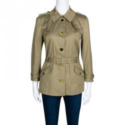 Pre Owned Tory Burch Khaki Cotton Square Button Detail Belted Short Trench Jacket M 
