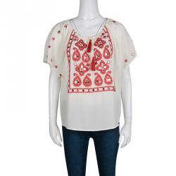 Pre Owned Tory Burch Cream Embellished Embroidered Tie Detail Silk Top M