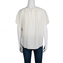 Pre Owned Tory Burch Cream Embellished Embroidered Tie Detail Silk Top M