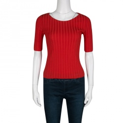 Pre Owned Tory Burch Spark Red Cotton Rib Knit Short Sleeve Top S
